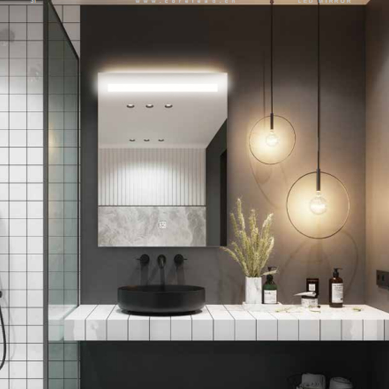 Espejo de baño LED rectangular con luz frontal y ambiental M2030